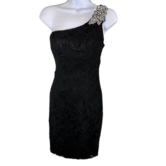 City Triangles Womens 3 Juniors Little Black Lace Jeweled One Shoulder Dress Zip - Picture 2 of 11